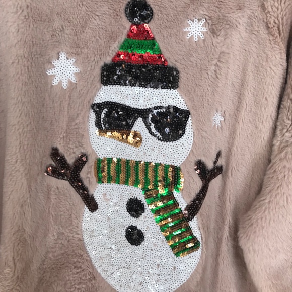 Christmas Third Wish Faux-Fur Sequin Snowman Cropped Sweatshirt Size L Mauve - Picture 3 of 6